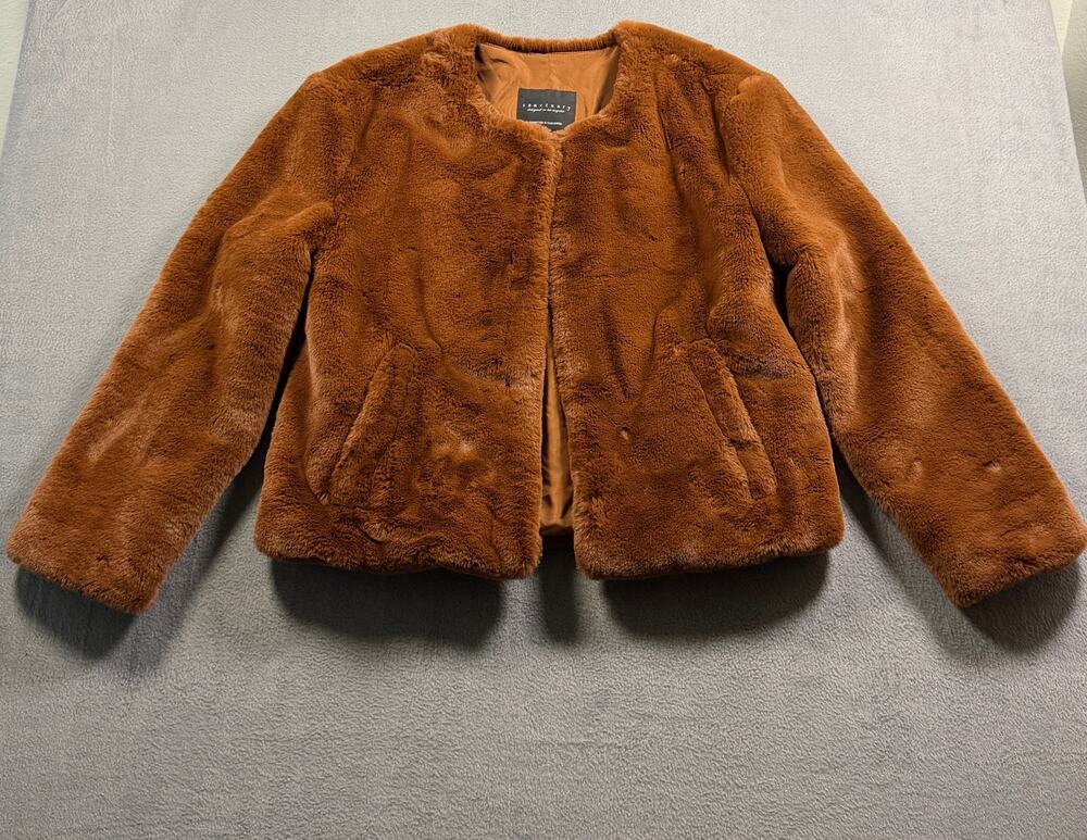 Sanctuary Brown Faux Fur Crop Jacket Collarless Open Front Coat Women's Size XS